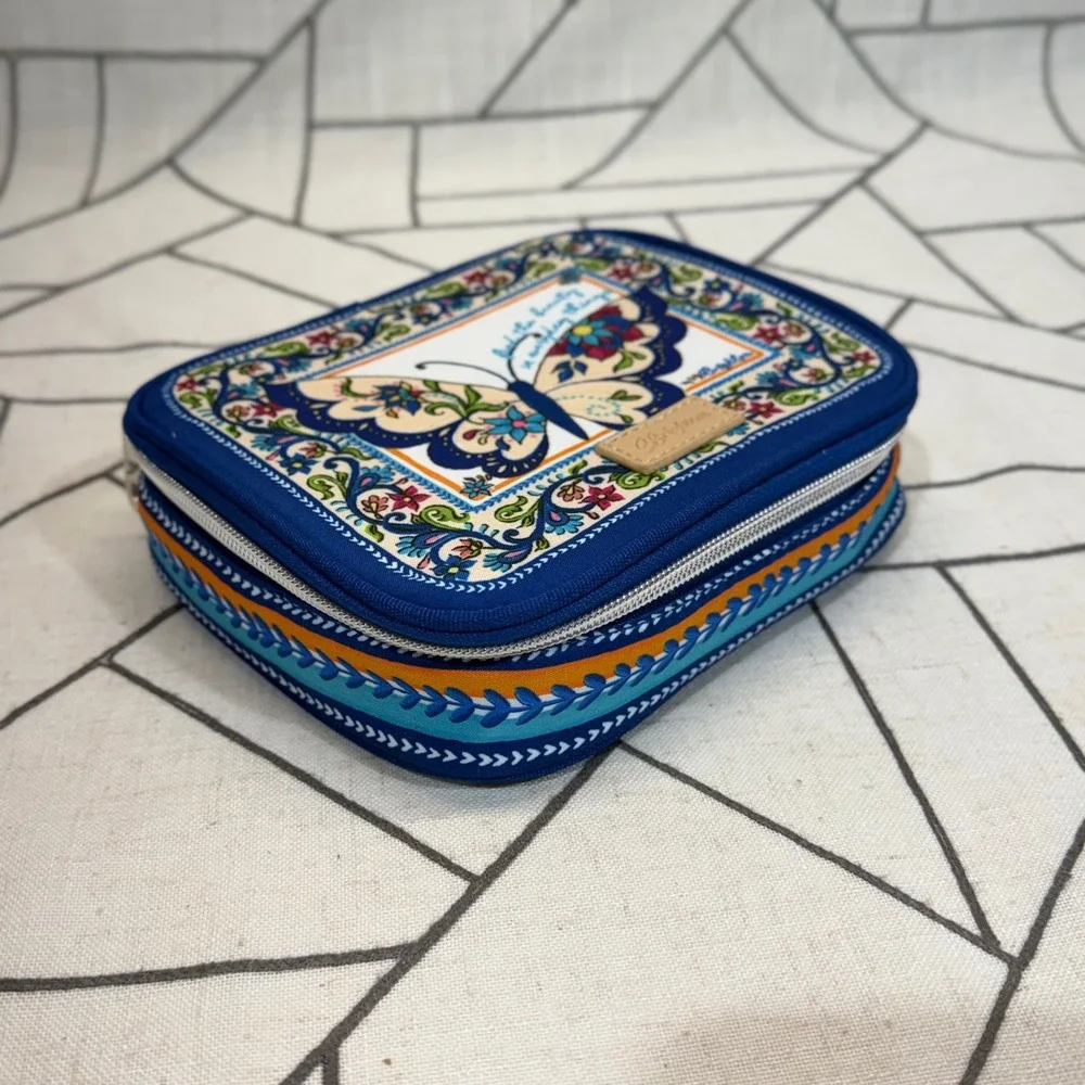 Brighton Jewelry Organizer Case OS Blue Butterfly Floral Travel Zip Square Pouch